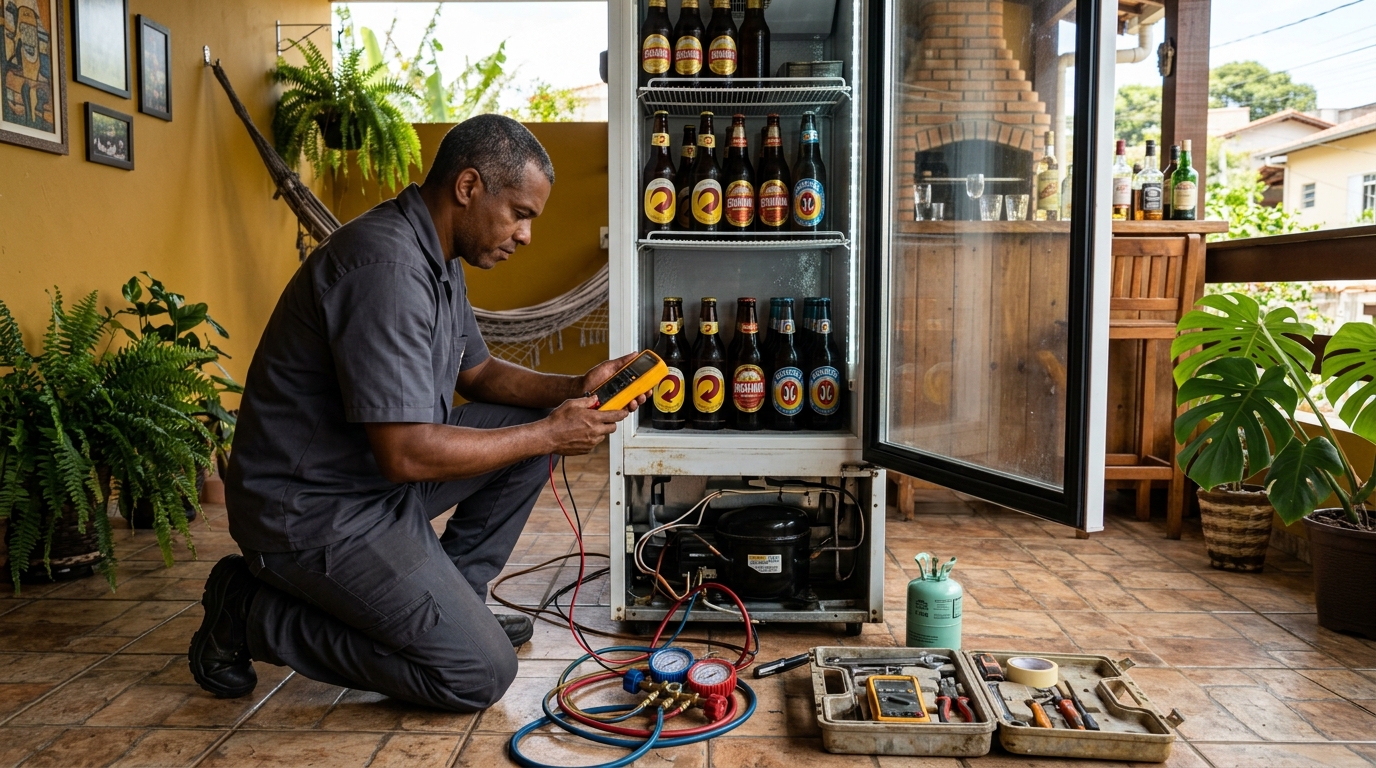Placa eletrônica de cervejeira em reparo na bancada em Salvador‑BA