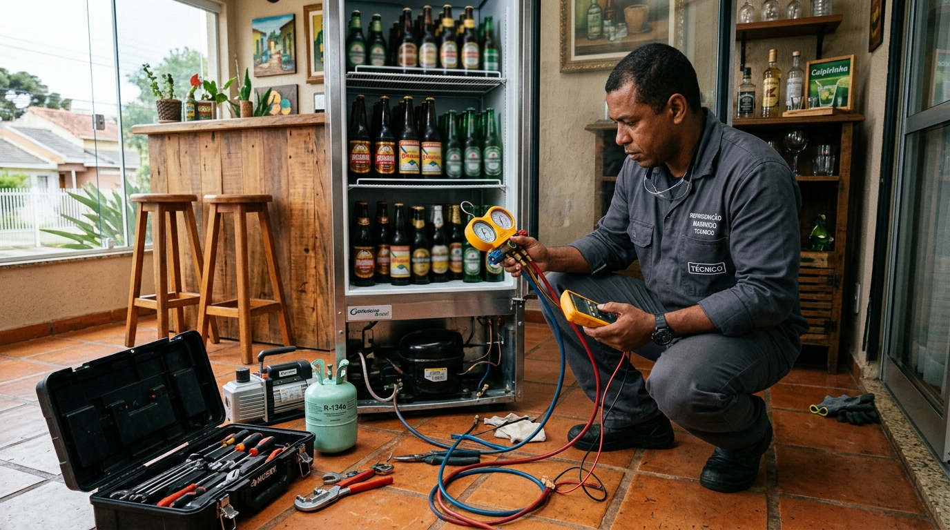 Técnico revisando o motor de uma cervejeira durante chamado em Salvador‑BA