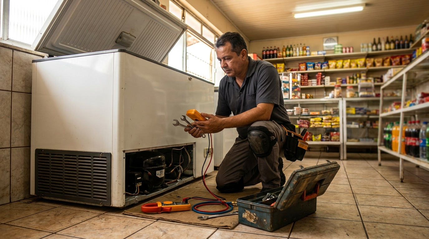 Técnico reparando o motor de um freezer horizontal em Salvador‑BA