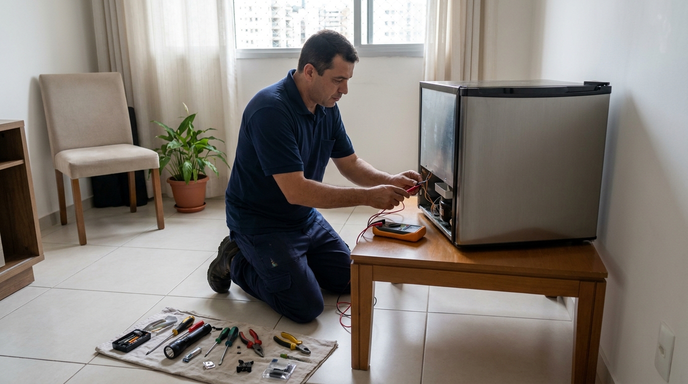 Técnico revisando o motor de um frigobar em Salvador‑BA