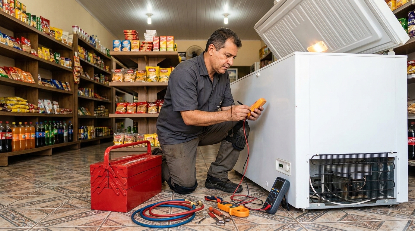 Manômetro conectado ao circuito durante recarga de gás de freezer em Salvador‑BA